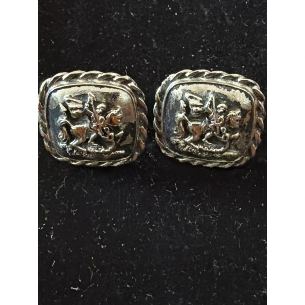 Vintage Saint George Slaying Dragon Cufflinks Silver Tone Heraldic Knight Square